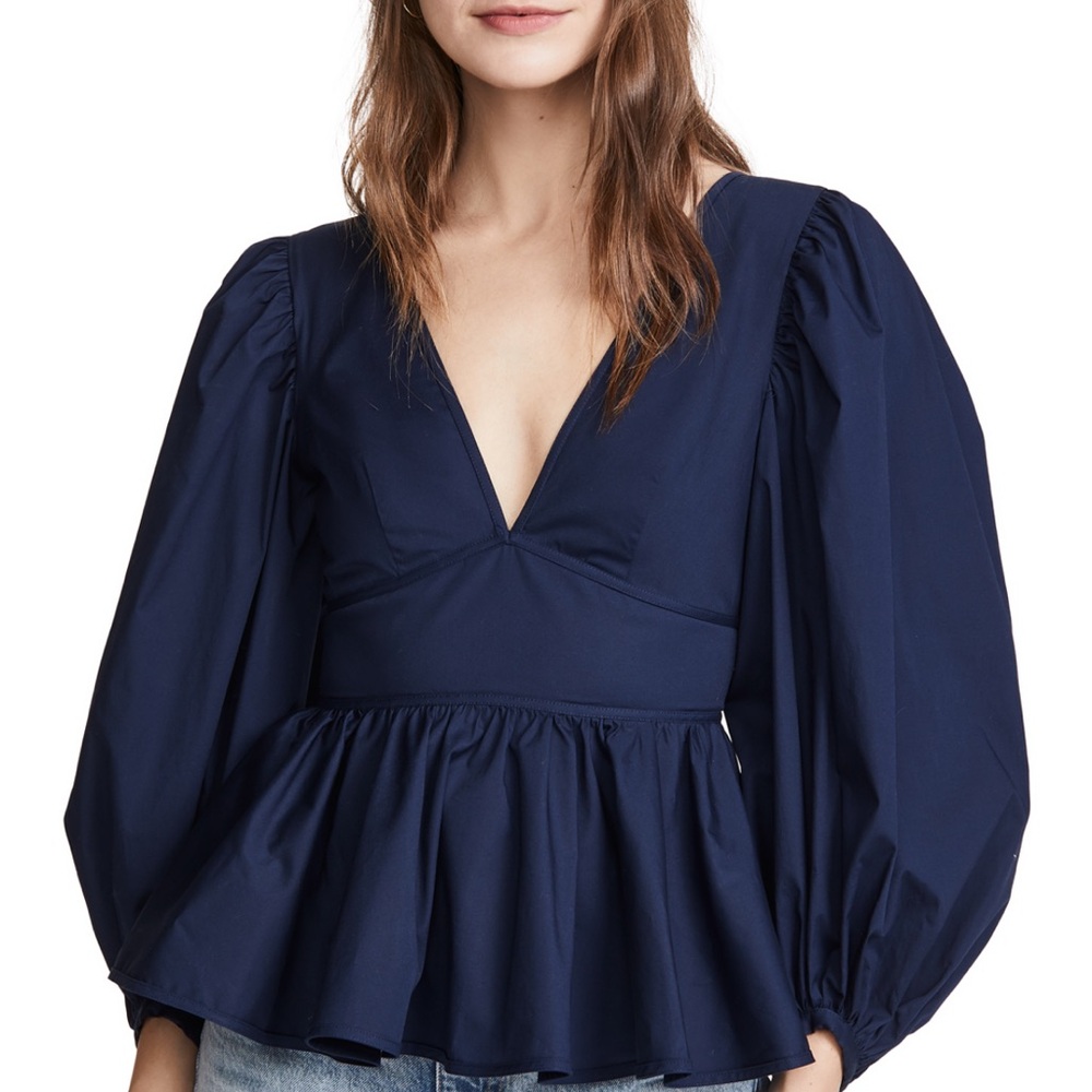 STAUD Blue Peplum Blouse with Puff Sleeves